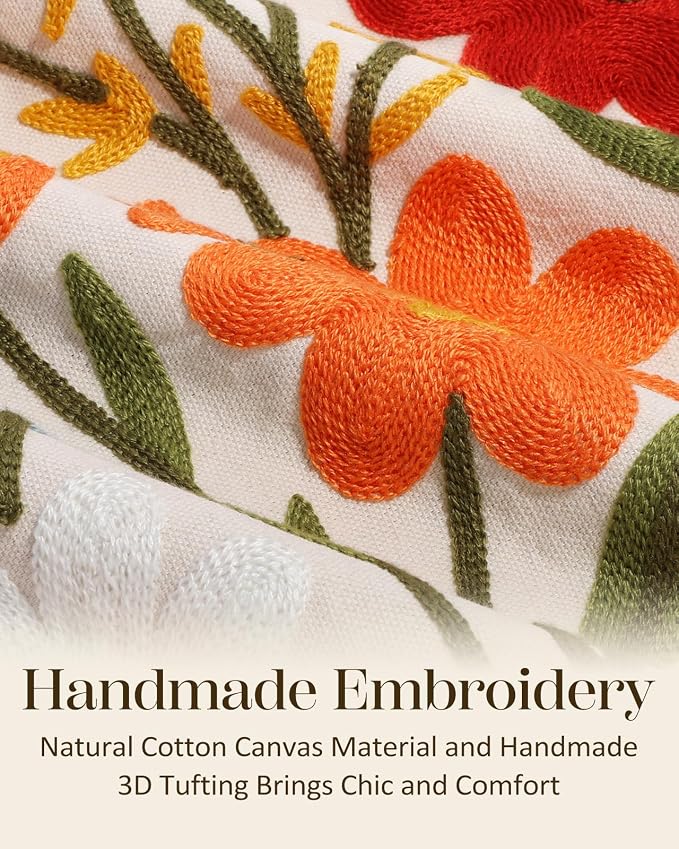 Embroidered Lumbar Pillow Cover 20x12 Inch, Flower Cluster | Decorative Throw Pillow Cover, Floral Farmhouse Cushion Case with Hidden Zipper, Home Decor for Couch, Sofa, Living Room