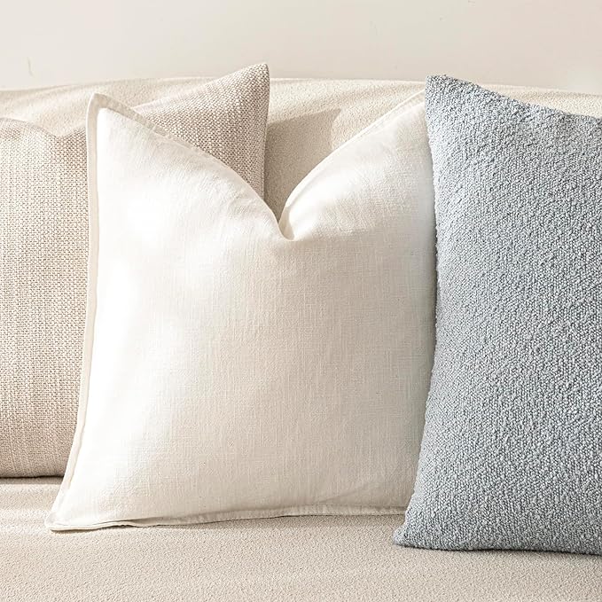 Foindtower Pack of 2, Decorative Linen Soild Throw Pillow Covers Soft Accent Cushion Case Boho Farmhouse Neutral Pillowcase for Chair Couch Sofa Bedroom Living Room Home Decor 24 x 24 Inch Cream White