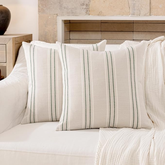 Hckot Spring Striped Throw Pillow Covers 18x18 Set of 2 Green Pillow Covers | Farmhouse Decorative Pillows Textured Linen Square Cushion Covers for Sofa Couch Bed Living Room Decor(Dark Green)