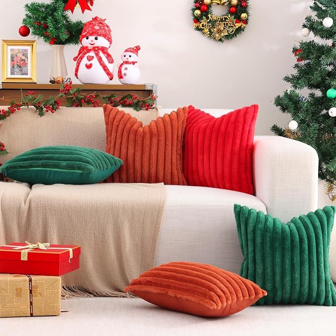 Pallene Faux Fur Throw Pillow Covers 12x20 Set of 2, Christmas Green | Luxury Plush Texture, Striped Design, Cozy Soft Touch, Modern Home Accent Decor for Couch, Sofa, Bed, Living Room