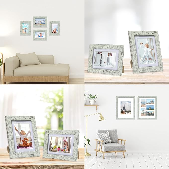 Hongkee 5x7 Picture Frame Set of 4, Made of Real Glass and Sage Green Wooden Frame, 5 by 7 Photo for Wall or Tabletop - Display Picture 4x6 with Mat or 5x7 Without Mat