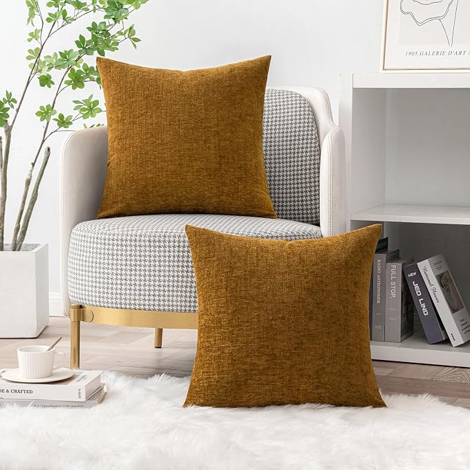 MIULEE Soft Chenille Throw Pillow Covers Mustard 18x18 Inch Pack of 2 | Modern Home Decor, Classic Decorative Pillows, Solid Dyed Cases, Boho Couch Cushion Covers for Sofa Bed Living Room