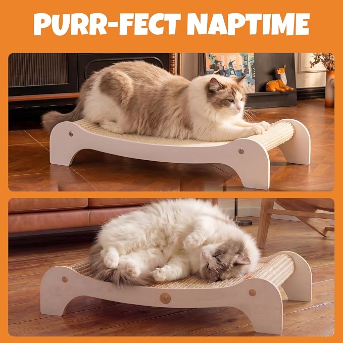 Cat Scratcher Bed for Indoor Cats, Large Wooden Hammock with Natural Jute Pad, 2-in-1 Scratcher Lounge Chair to Protect Furniture (Large)