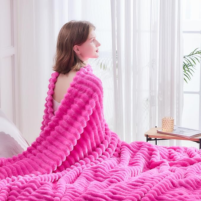 NEWCOSPLAY Fleece Ribbed Cozy Queen Blanket for Couch, Hot Pink, 90"x90" | Premium Silky Flannel Blanket, Soft Lightweight Fluffy Throw Blanket for Bed Sofa Decor, Gift for All Season Use