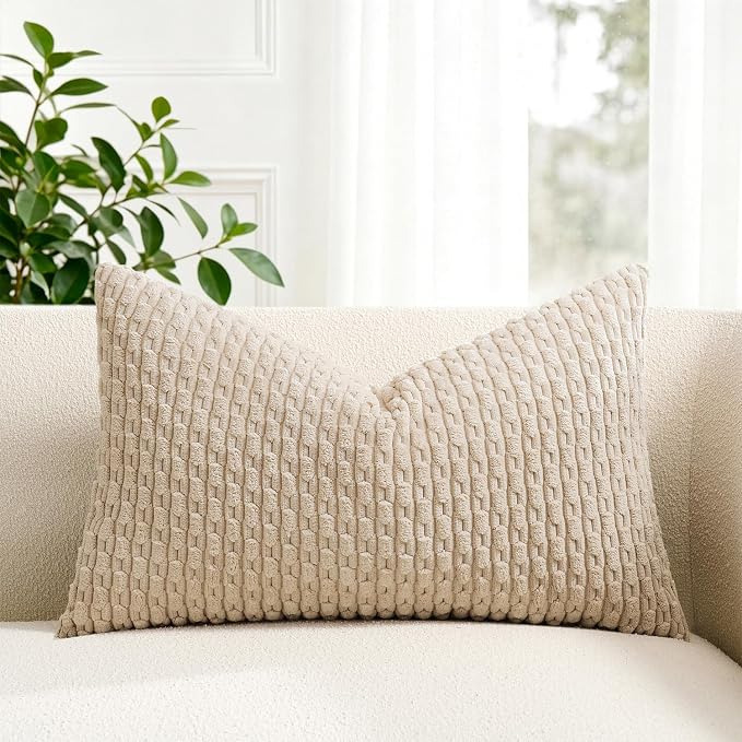Kevin Textile Soft Corduroy 12"x24" Lumbar Pillow Cover 1 Pack, Beige | Boho Stripe Plush Corduroy Decorative Oblong Cushion Cover Modern Farmhouse Home Decor for Sofa Couch Bed Chair