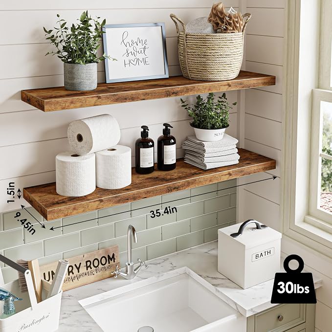 Fixwal Floating Wall Shelves for Decor (Rustic Brown, Set of 2, 35.4Inch) | MDF Shelf with Metal Brackets, Space Saving for Books , Decor, Fits Bathroom, Kitchen, Bedroom, or Office