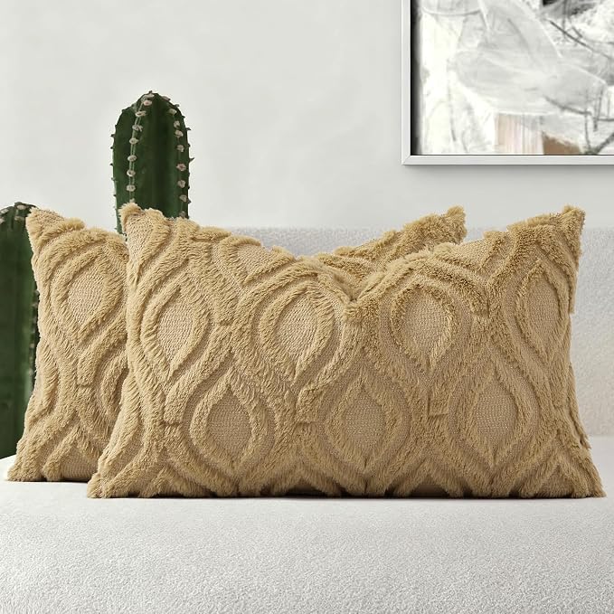 decorUhome Faux Fur Light Brown Khaki Throw Pillow Covers 12x20 Set of 2 | Plush Solid Fall Couch Pillow Covers, Accent Modern Farmhouse Neutral Decorative Soft Pillow Cases for Sofa Bed Living Room