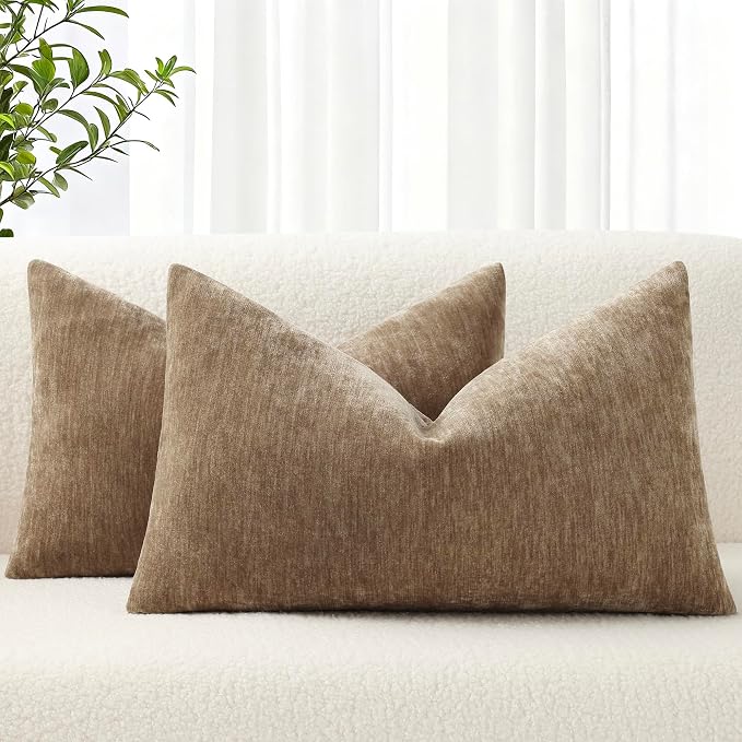 decorUhome Soft Chenille Brown Throw Pillow Covers 12X20 Set of 2 | Decorative Fall Couch Pillow Covers Solid Dyed Accent Modern Farmhouse Neutral Rectangle Pillow Cases for Sofa
