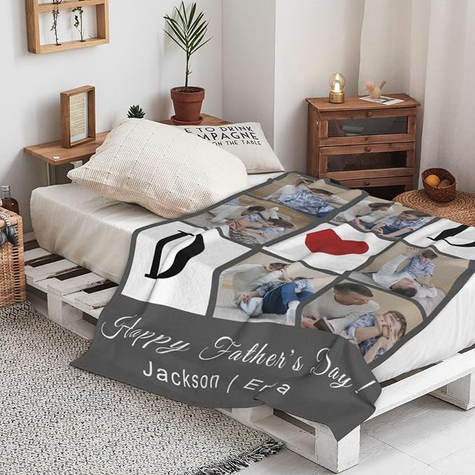 Fathers Day Birthday Gift for Dad Custom Blanket with 6 Photo & Text, Personalized Blankets with Picture to My Dad, HD Printing Customized Flannel Throw Blanket Gifts for Best Daddy Grandpa Ever