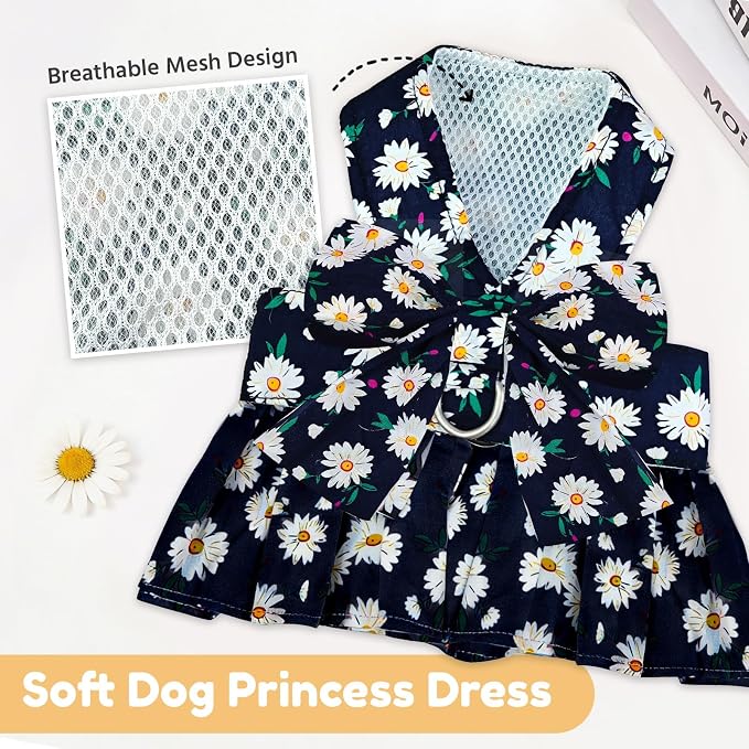 BAEJMJK Dog Dress Bowknot Harness Leash Set for Small Dogs Cats Daisy Floral Girl Dog Dresses Cute Puppy Princess Clothes Pet Doggy Outfits Spring Summer Breathable Dresses(Small, Navy Blue)
