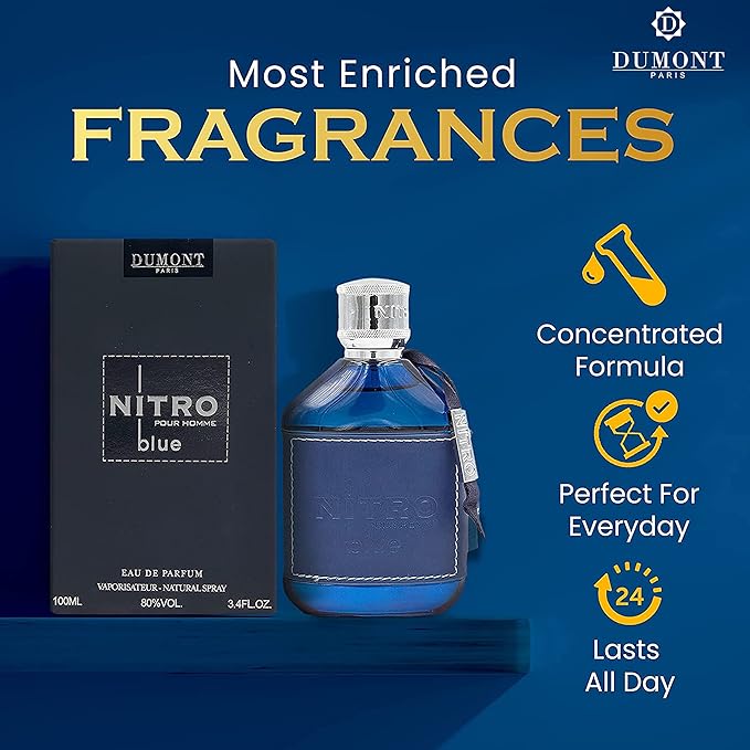 Dumont Nitro Blue 3.4 Fl Oz Eau De Parfum for Men – Fresh Aquatic Floral Woody Fragrance – Luxurious Long Lasting Scent