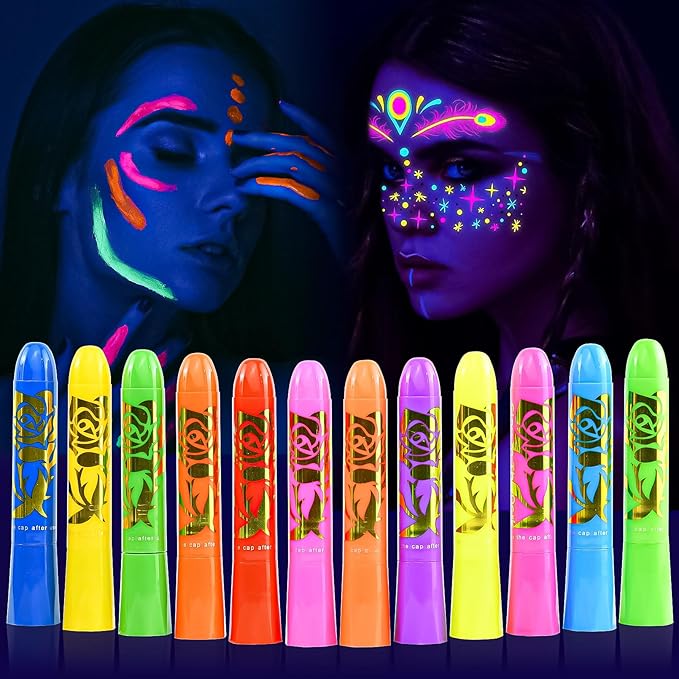 Glow in the UV Light Paint, Non-Toxic Neon Face Paint, Washable & Compact Glow Face Paint for Halloween, Cosplay, Party 12 PCS