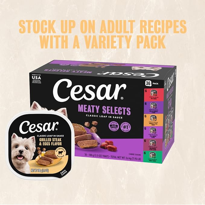 Cesar Classic Loaf Wet Dog Food, Grilled Steak & Eggs, 3.5 oz, 24 Count | Real beef #1 ingredient, made in the USA, 100% complete & balanced, no fillers/added sugar/artificial flavor, easy peel trays