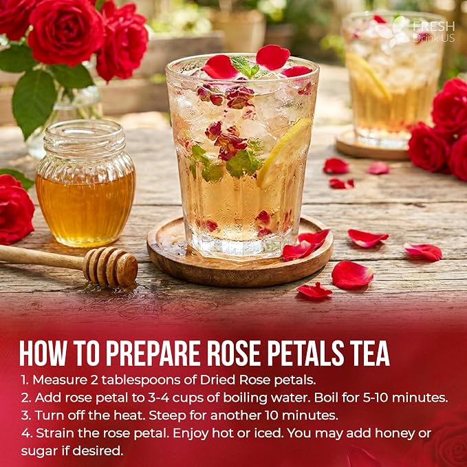 FreshDrinkUS, Premium 4oz Dried Rose Petals, 100% Natural & Pure, Herbal Tea, Daily Infusion Botanical, No Sugar, No Caffeine, No Gluten, Vegan. Rich in Antioxidantse.