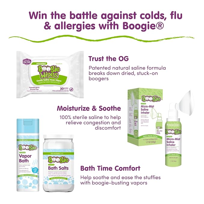 Boogie Wipes Gentle Saline Nose Wipes - 90 Count - Fresh Scent, Hypoallergenic & Alcohol-Free - Allergy Relief - Made with Natural Saline, Aloe, Chamomile & Vitamin E - Diaper Bag Essential