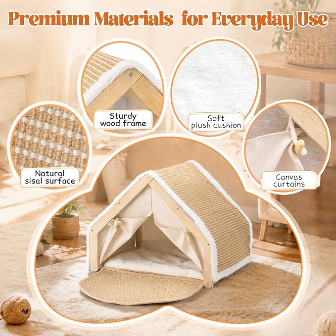 SATINIOR Cat Houses for Indoor Cats with Scratcher Board, Sturdy Wood Frame Cat Bed Cave with Curtains and Floor Scratching Pad Rug, Protect Couch and Carpets