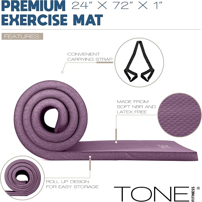 Tone Fitness 1-Inch Thick Yoga Mat | High-Density, Non-slip Exercise Mat with Carrying Strap for Yoga, Pilates, & Home Gym Workouts | Multiple Options