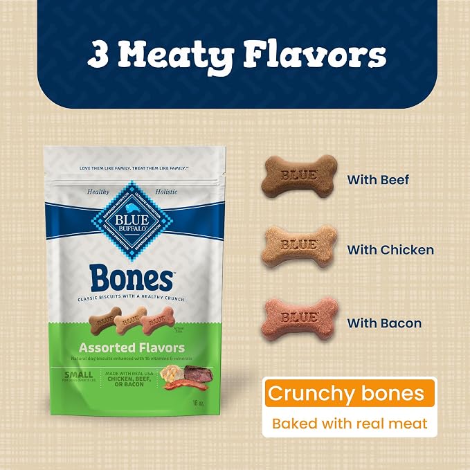 Blue Buffalo Bones Variety Pack Small Dog Biscuits, 16 oz, 4 ct | Assorted Beef, Chicken & Bacon Flavors, For Dogs 15 lbs. or More, No Corn, Wheat, or Soy
