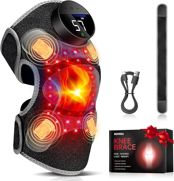 Upgraded PRO Red Light Therapy Knee Brace & 4 Vibration Massage - Rechargeable Controller, 660nm&850nm Red Light Therapy Heated Device for Knee/Elbow/Shoulder