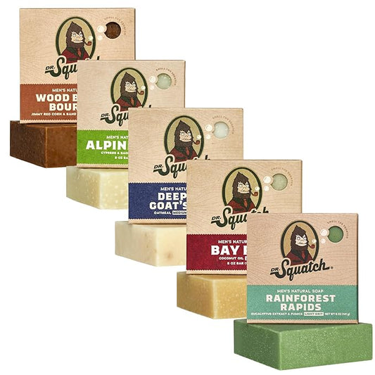 Dr. Squatch Natural Men’s Bar Soap - Cold Process Body Soap Bar with Natural Oils - Gifts for Men - Deep Sea Goat's Milk, Wood Barrel Bourbon, Rainforest Rapids, Alpine Sage & Bay Rum (5 oz, 5-Pack)