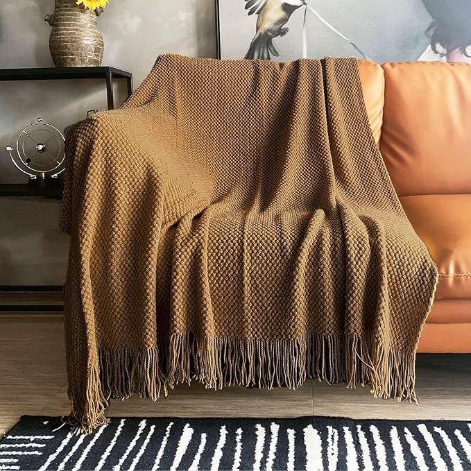 LOMAO Knitted Throw Blanket with Tassels Bubble Textured Lightweight Throws for Couch Cover Home Decor (Khaki, 60x90)