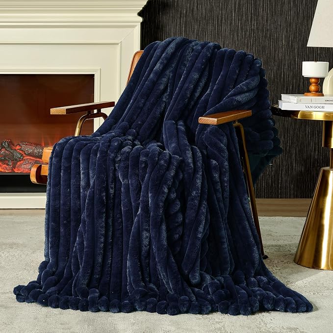 Faux Fur Throw Blanket for Couch, Cozy Fuzzy Fluffy Fur Luxurious Soft Striped Plush Gift Blankets for Family Sofa Chair Bedroom, 55"x70", Navy Blue