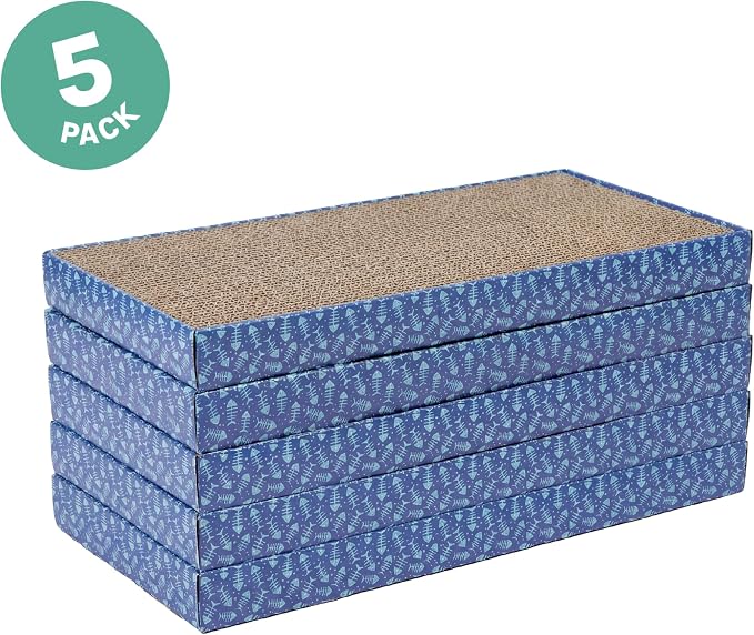 Kitty City 5-Pack XL Double Sided Corrugate Cat Scratcher Pads with Catnip - X-Large Horizontal Cat Scratcher Mats, Reversible Corrugate Nail File Scratchers - Fish Bone Design, 18” x 10” Each