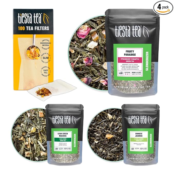 Tiesta Tea - Green Tea Starter Kit, Loose Leaf, Premium Green Blend Gift Set, Medium Caffeinated, Make Hot or Iced, Includes 3 Loose Leaf Samplers & 100 Disposable Filters