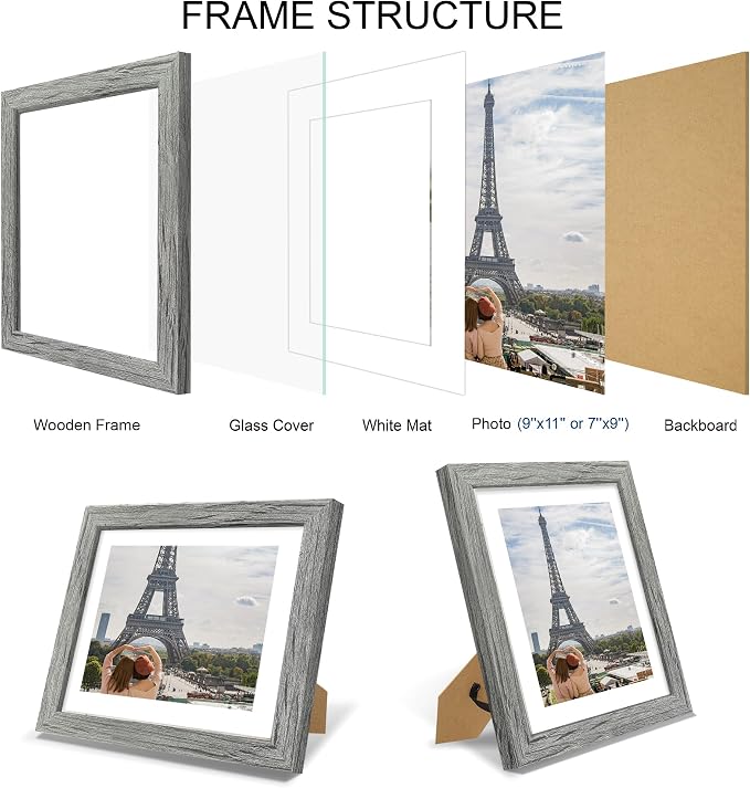 Hongkee 9x11 Picture Frame Set of 4, Made of Real Glass and Grey Frame - Display Picture 7x9 with Mat or 9x11 Without Mat, 9 by 11 Photo for Wall or Tabletop
