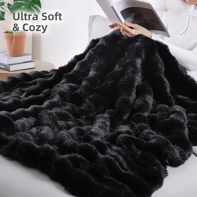 Faux Rabbit Fur Throw for Couch - Black Bubble Blanket 50"x60" | Fluffy Plush Fuzzy Throw for Sofa & Bed, Super Soft Cozy Comfrt Blanket, Luxury Aesthetic Black Decor Gift for Women