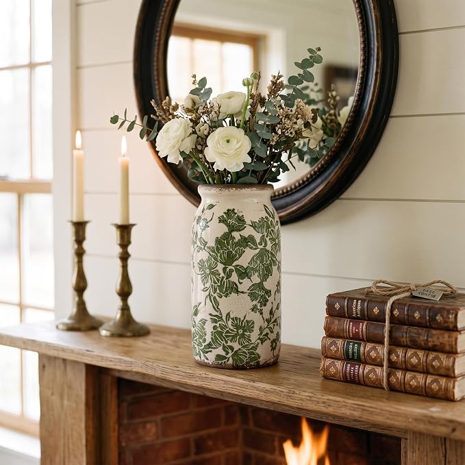 Vintage Green Tuscan Ceramic Vase, Rustic Flower Vases for Home Decor, 8in | Farmhouse Planter with Crackle Glaze, Floral Holder for Home Decor, Fresh Flowers, Rustic Tuscan Style, Living Room