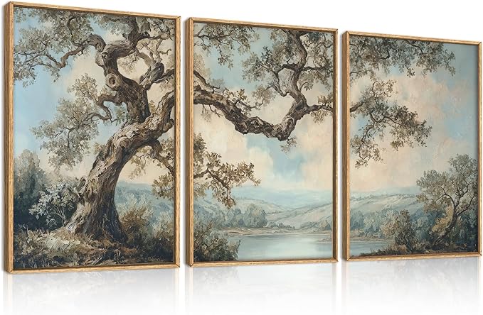BINCUE Vintage Tree Wall Art Framed Rustic Forest Paintings Neutral Landscape Wall Decor Canvas Mountains Lake Artwork Abstract Tree Prints for Living Room Bedroom Office 24 "Lx36 W Set of 3