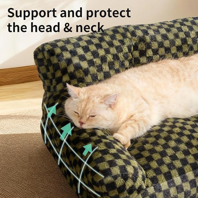 Faux Fur Cat & Dog Sofa Cat Couch Mini Cat Bed Indoor Human Style Pet Sofa, Modern Pet Furniture for Cats, Washable ＆ Removable Cover, for Cats and Small Medium Dogs (Black/Green, Medium(24X19 inch))