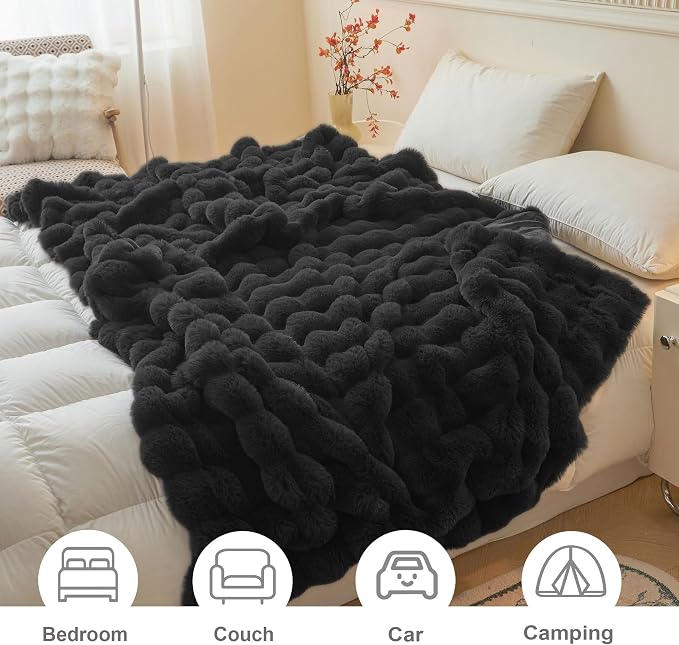LIFEREVO Luxury Fluffy Faux Rabbit Fur Throw Blanket 50x60, Black | Plush Bubble Blanket for Bedroom Living Room Office, Decorative Soft Furry Lap Throw for Kids Girls Teens Adults, Washable