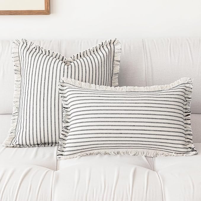 YEENAASY Throw Pillow Covers 18x18 Boho Striped Pillow Cases with Tassel | Set of 2 Fringe Pillow Cover Farmhouse Cushion Covers Neutral Pillows Decorative Square Pillowcase for Couch Sofa Bed, Black