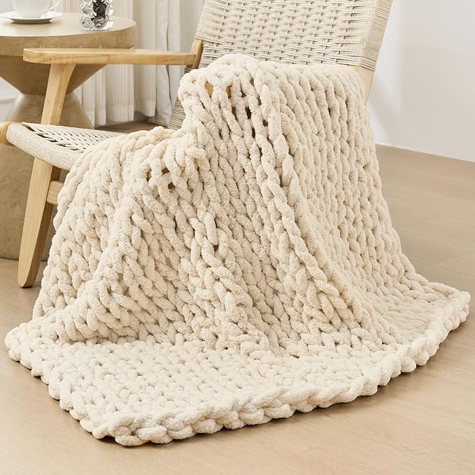 Bigacogo Chunky Knit Throw Blanket for Couch, 40x40 inches, Beige | Hand Knit with Jumbo Chenille, Soft Breathable Cable Knit for Sofa Bed Living Room, Machine Washable, Gift for Mom Friend