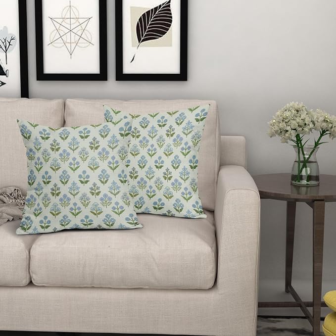 Blue Green Block Print Pillow Covers 24x24 Inch Set of 2, Vintage Floral Spring Decorative Throw Pillow Cases Boho Cushion Covers Rustic Decoration Gift Farmhouse Sofa Couch Bed Decor