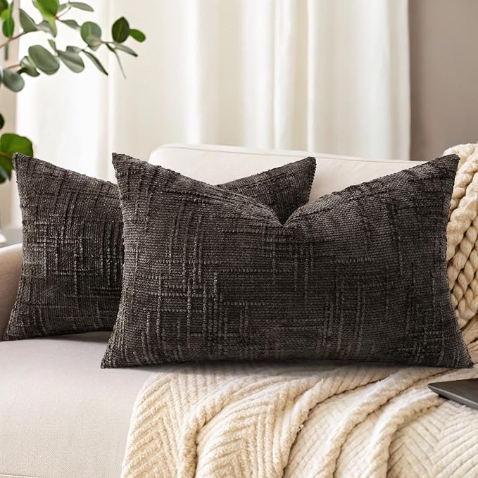 decorUhome Textured Chenille Throw Pillow Covers 12x20 Set of 2 Dark Brown | Fall Modern Farmhouse Soft Cozy Slubby Couch Pillow Cases Boho Decorative Pillow Cases for Bed Sofa Living Room Home Decor