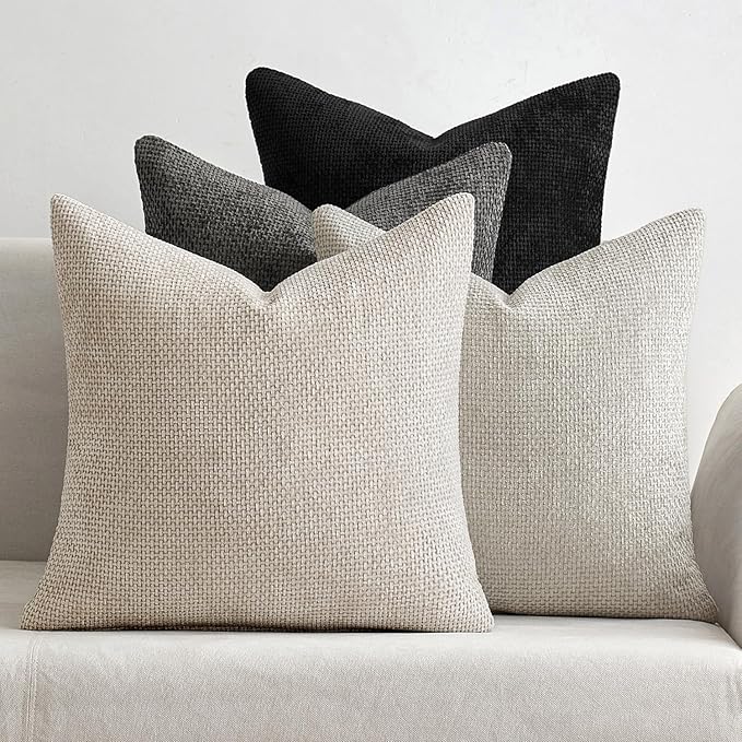 MIULEE Soft Decorative Chenille Pillow Covers Cream Grey 16x16 Pack of 4 | Modern Home Decor, Classic Neutral Set, Couch Throw Pillows, Farmhouse Boho Cushion Covers for Sofa Bed Living Room