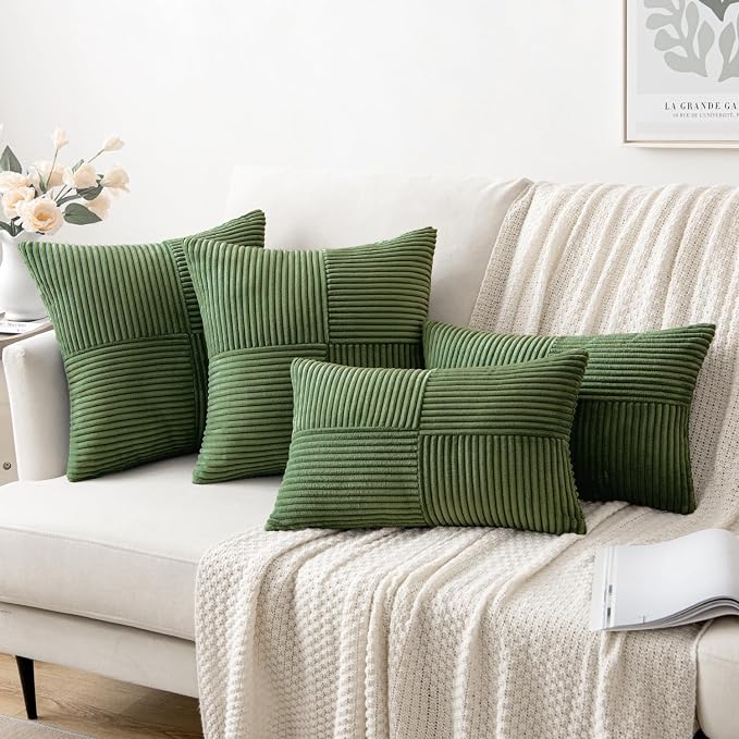 MIULEE Moss Green Decorative Euro Sham Pillow Covers 24x24 Inch 2 Pack | Boho Farmhouse Pillow Covers, Soft Cross Corduroy Patchwork Textured Cushion Cases For Couch Bed Sofa