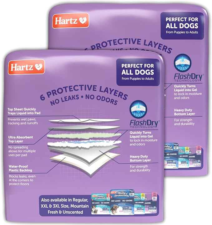 Hartz Home Protection Super Absorbent Odor Eliminating Lavender Scented No Leaks Dog Pads, XL 60 Count