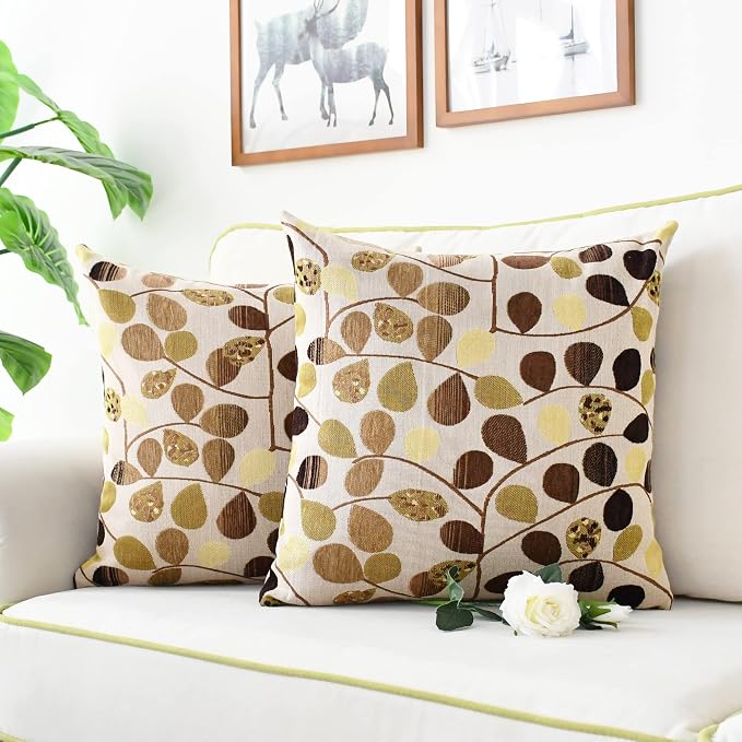 CaliTime Decorative Throw Pillow Covers 16 X 16 Inches Ecru Brown | Luxury Chenille Cute Leaves Cushion Case Shell for Couch Sofa Bed Living Room Home