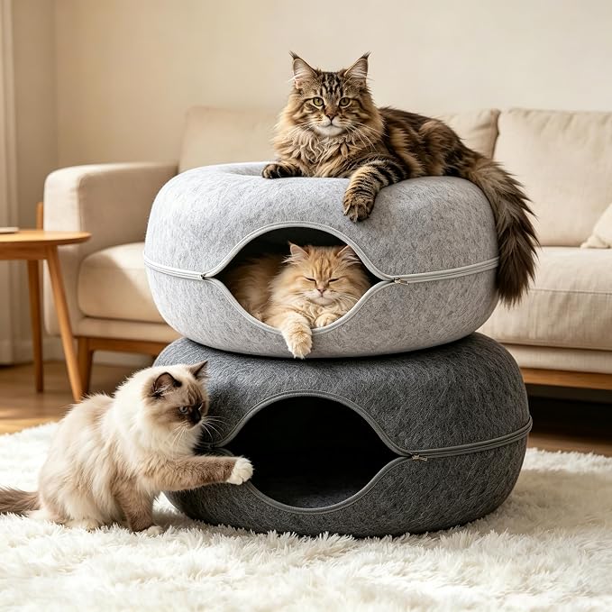 Cat Caves for Indoor Cats, Large Cat Tunnel for Multiple & Large Cats, Scratch Detachable Cave Bed, Kitten Donut Kitty Hideaway Up to 45 Lbs (Dark Grey +Light Grey, Jumbo, 2 Pack)