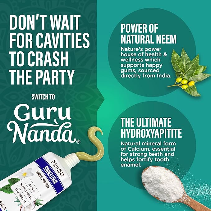 GuruNanda Hydroxyapatite Toothpaste, SLS & Fluoride Free (4 Pack), Whitening Toothpaste - Freshens Breath, Fights Plaque - with 2 Toothbrushes, 2 Tongue Scrapers & 2 Tube Squeezers
