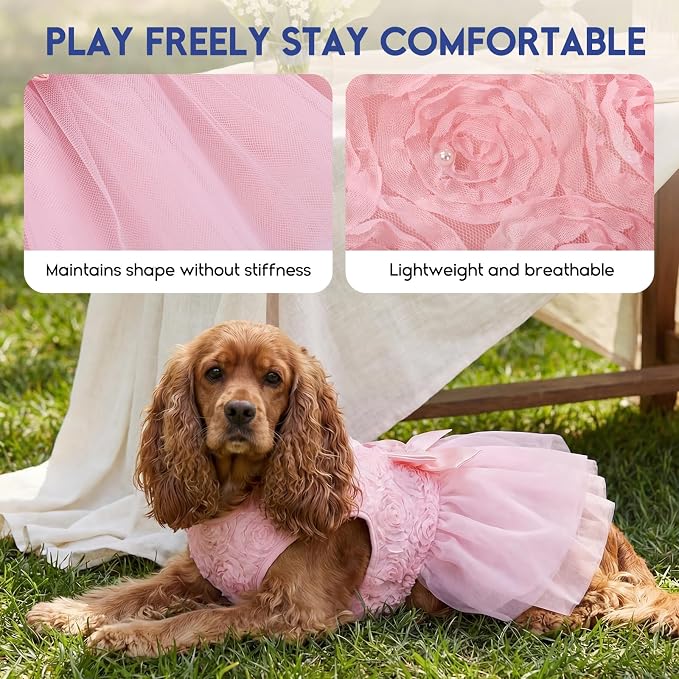 ASENKU Dog Dress Pet Wedding Dress Lace Puppy Birthday Party Outfit,Pink S | Dog Flower Girl Dress With Leash Hole, Princess Puppy Dress For Weddings, Daily Wear, Fits Small Medium Large Dogs Cats