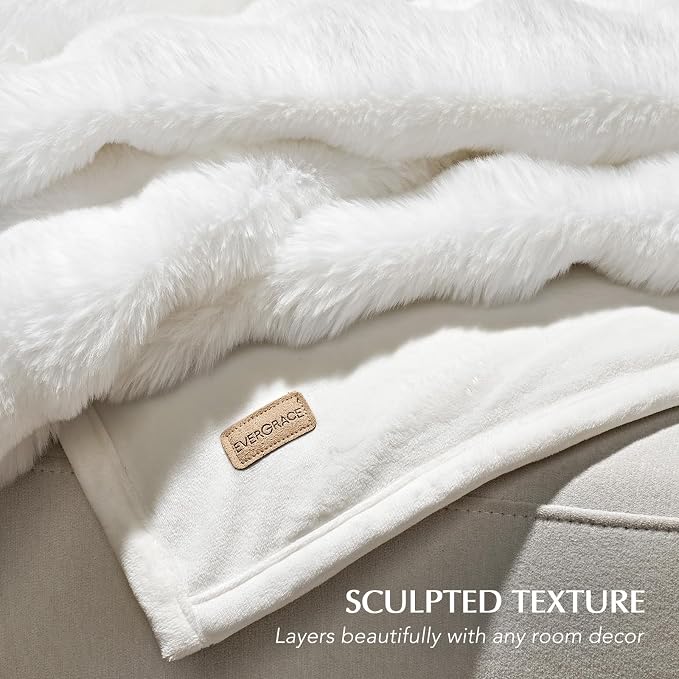 Faux Rabbit Fur Bubble Throw Blanket, 50"x60", Bright White | Ultra Soft, Luxury Faux Rabbit Fur Throw, Thick Warm Bubble Blanket, Cozy Fluffy Reversible, for Bed, Couch, Chair, Sofa