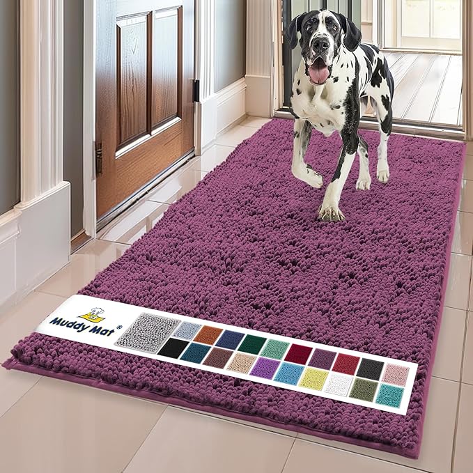 Muddy Mat® | Super Water Absorbent Door Mat Indoor, Microfiber Quick Dry Chenille Entryway Rug,Slip Resistant Front Door Mat,Indoor Mats for Entryway,Machine Washable Pet Rug, Dark Purple 24" x 96"