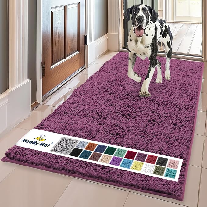 Muddy Mat® | Super Water Absorbent Door Mat Indoor, Microfiber Quick Dry Chenille Entryway Rug, Slip Resistant Front Door Mat, Indoor Mats for Entryway, Machine Washable Pet Rug, Dark Purple 35"x60"