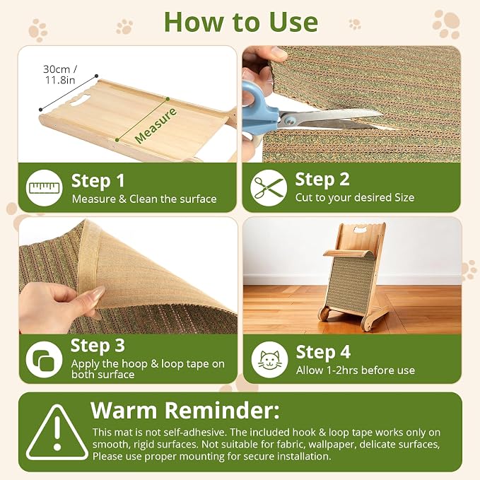 Natural Cork Cat Scratcher Mat with No Pre-Applied Adhesive, Bonus Hook-Loop Tape Included. Replacement for Cat Post, Scratcher, Ramp, Cat Whell and Pet Supplies. (Catnip Green, 39.4 x 11.8 Inch)