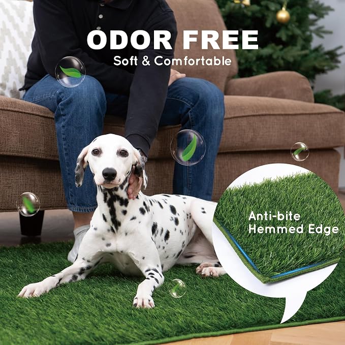 HQ4US Dog Grass Pad with Tray, Odor Free Grass Pee Pad for Dog Litter Box | Extra Large Dog Potty Tray with Grate, Artificial Grass Fast Drainage, Hemmed Edge, Realistic, Fake Grass for Indoor Balcony